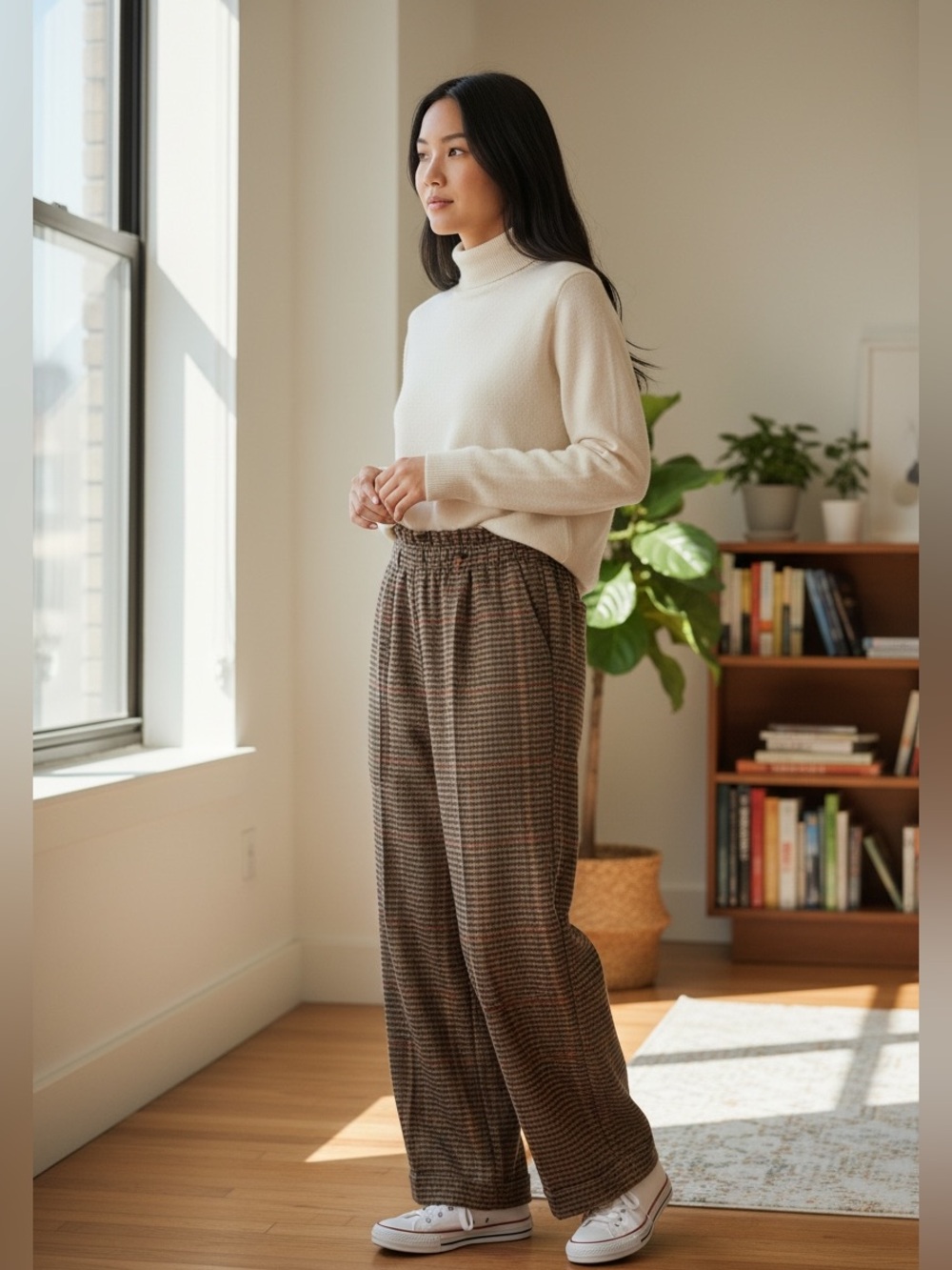 Oat New York Taupe and Brown Glen Plaid Wide-Leg Pants